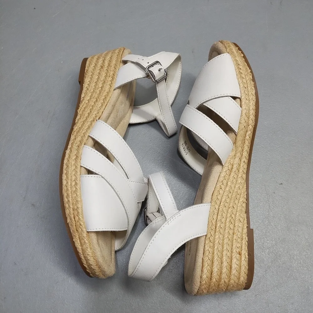 Lands' End Espadrille Wedge Sandals Womens US Size 9B White Ankle Buckle Strap